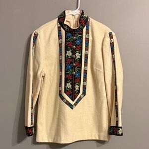 60s Vtg  ASPEN Ski Wear Tunic Top White  Floral Ribbon Back Zip Tyrolean. S/M